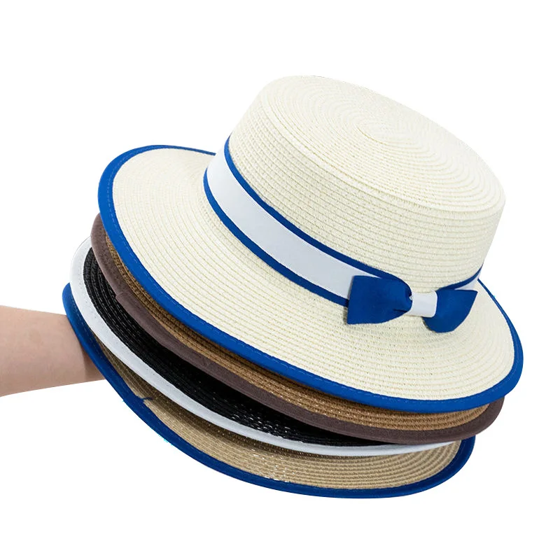 

New Summer Women's Boater Beach Hat Wide side Female Casual Panama Hat Lady Classic Flat Bowknot Straw Sun Hat Women Fedora