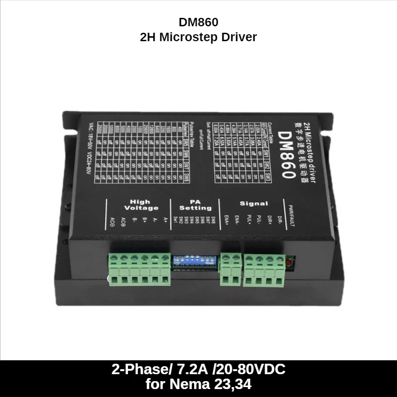 DM860 128 subdivision stepper motor driver DM860, 7.2A, 20-80vdc, neam23,34 for printer cnc57, 86, 2-phase drive M860H/M860
DM860 128 subdivision stepper motor driver DM860, 7.2A, 20-80vdc, neam23,34 for printer cnc57, 86, 2-phase drive M860H/M860