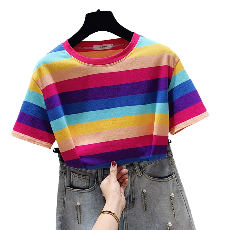 Rainbow striped women's summer short sleeved minimalism fashion high quality t-shirt 
Rainbow striped women's summer short sleeved minimalism fashion high quality t-shirt
