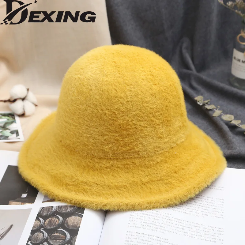 

Autumn Winter Wide Brim Furry Hat Korean Fashion Trendy Plush Fisherman Hat Women Imitation Mink Velvet Bucket Hat Wholesale