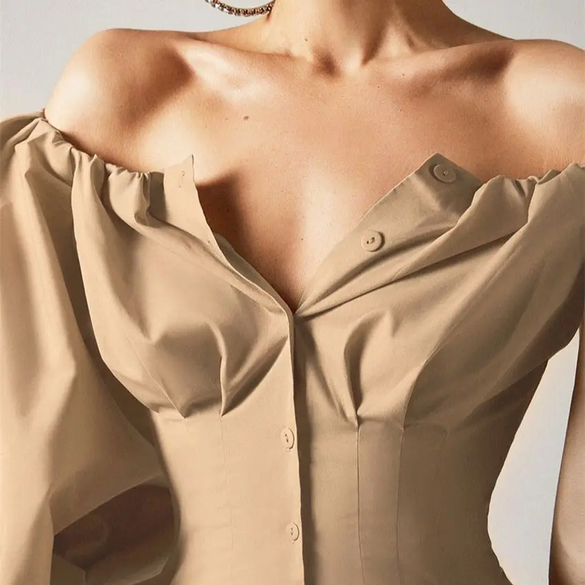 French Temperament Lantern Sleeve Elegant Shirt Sexy Button Vintage Blouse Slash Neck Off Shoulder Office Ladies Fashion Top C15
French Temperament Lantern Sleeve Elegant Shirt Sexy Button Vintage Blouse Slash Neck Off Shoulder Office Ladies Fashion Top C15