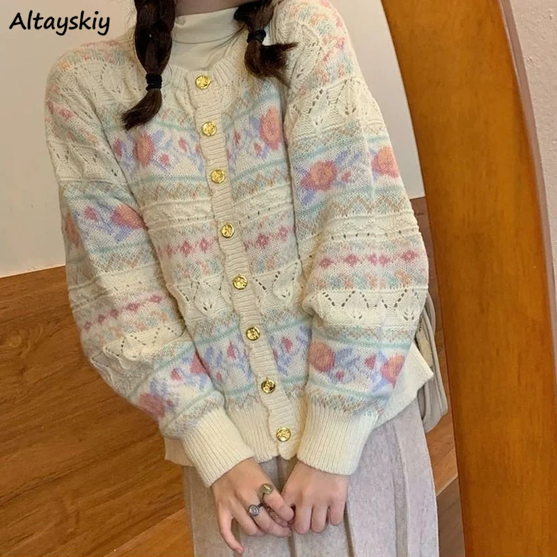 

Floral Cardigans Women Sweet Japanese Style Lazy Single Breasted Sweaters Tender Glutinous Outerwear Knitted Retro Cardigan Ins