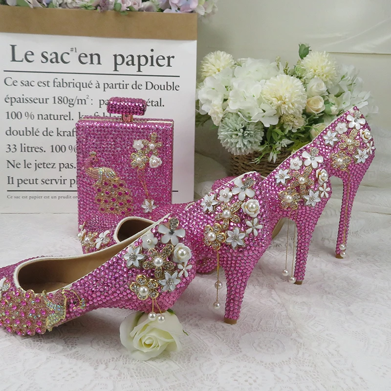 

BaoYaFang/вечерние модельные туфли с розовыми кристаллами и павлином свадебные туфли на высоком каблуке с сумочкой модные туфли-лодочки больши...