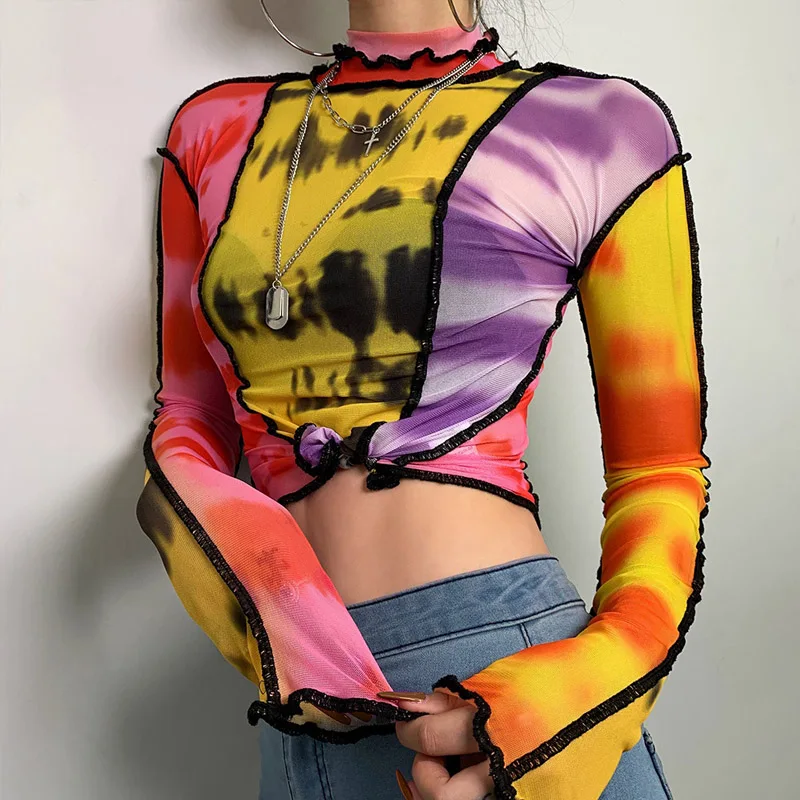 fashion mesh Colorful print Ruffle tops womens basic T-shirts 2021 autumn hot sale Thin Slim street Casual tee shirts mujer
fashion mesh Colorful print Ruffle tops womens basic T-shirts 2021 autumn hot sale Thin Slim street Casual tee shirts mujer