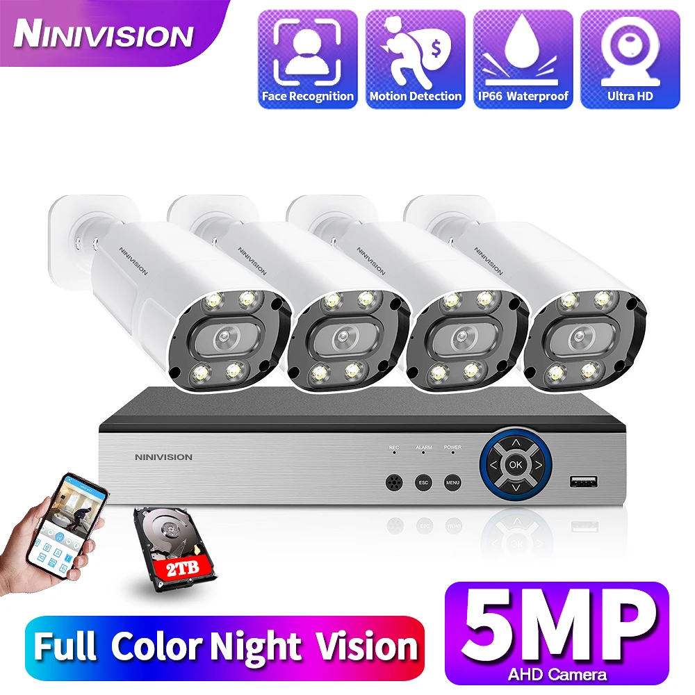 

NINIVISION H.265+ 4CH 5.0MP Video Surveillance DVR Kit CCTV Security Camera System 4 Pcs 5MP AHD Bullet Camera 2TB HDD Optional