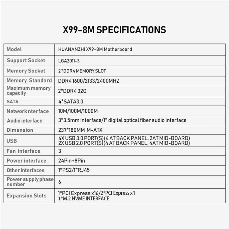HUANANZHI X99 8M X99 Motherboard LGA2011-3 M-ATX All Series SATA3 USB3.0 PCI-E 16X M.2 Support ECC Memory Dual Channel DDR4
HUANANZHI X99 8M X99 Motherboard LGA2011-3 M-ATX All Series SATA3 USB3.0 PCI-E 16X M.2 Support ECC Memory Dual Channel DDR4