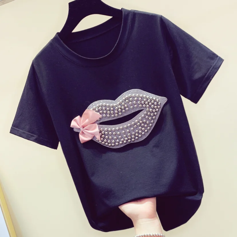 6XL!Tshirt Women Beaded Lip Bow-tie o-neck T-shirt women short sleeve cotton top tees
6XL!Tshirt Women Beaded Lip Bow-tie o-neck T-shirt women short sleeve cotton top tees