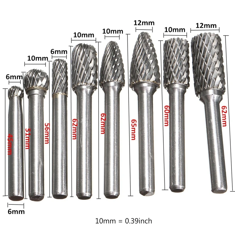 8pcs 6mm Shank Tungsten Carbide Carving Burrs Bit Double Cutter Burring File Die Grinder Drill for Metal Wood Grinding
8pcs 6mm Shank Tungsten Carbide Carving Burrs Bit Double Cutter Burring File Die Grinder Drill for Metal Wood Grinding