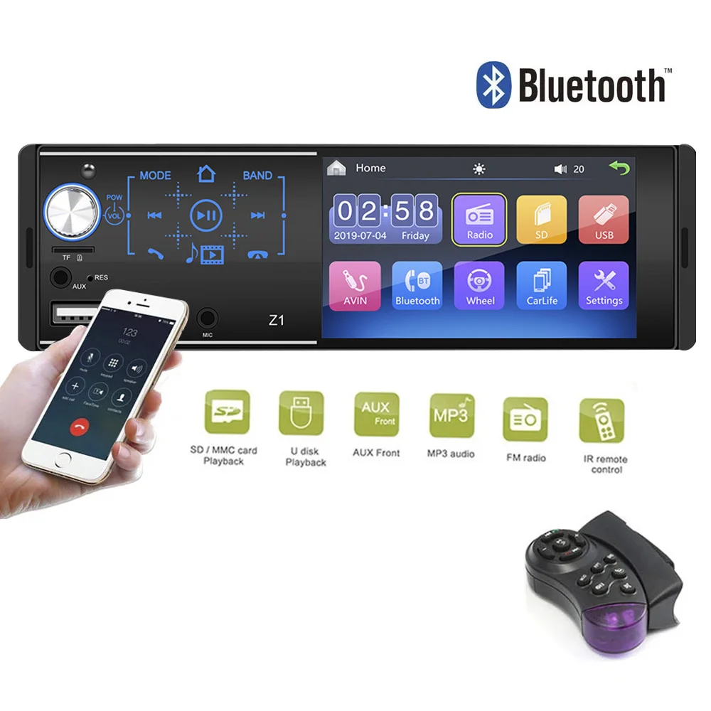 Автомагнитола 1 Din, MP5 плеер, сенсорный экран 4,1 дюйма, Bluetooth, FM-приемник, поддержка управления рулевым колесом, камера заднего вида, Hands-free
Автомагнитола 1 Din, MP5 плеер, сенсорный экран 4,1 дюйма, Bluetooth, FM-приемник, поддержка управления рулевым колесом, камера заднего вида, Hands-free