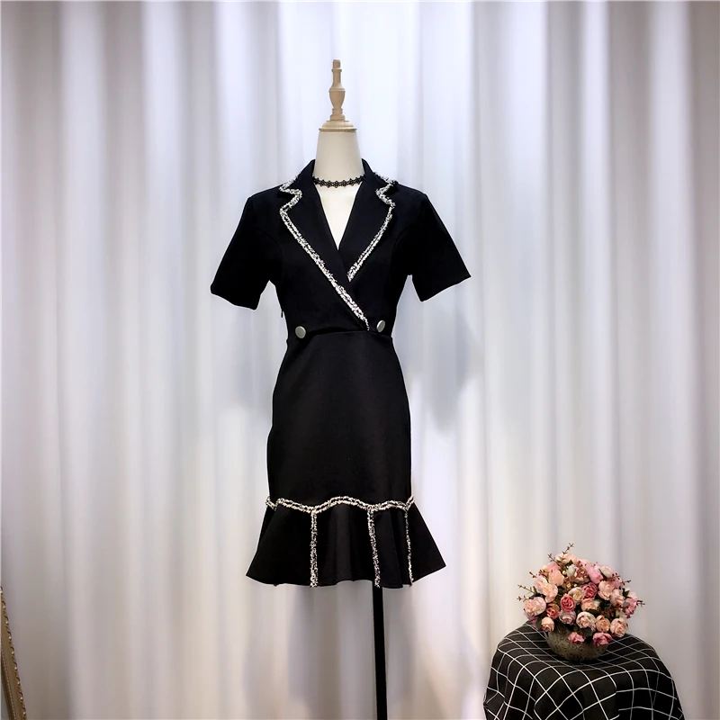 

2020 New Summer Women Short-sleeve Dresses Korea-style Slim High Waist Ruffles Color Block Suit Collar Female Fishtail Dress