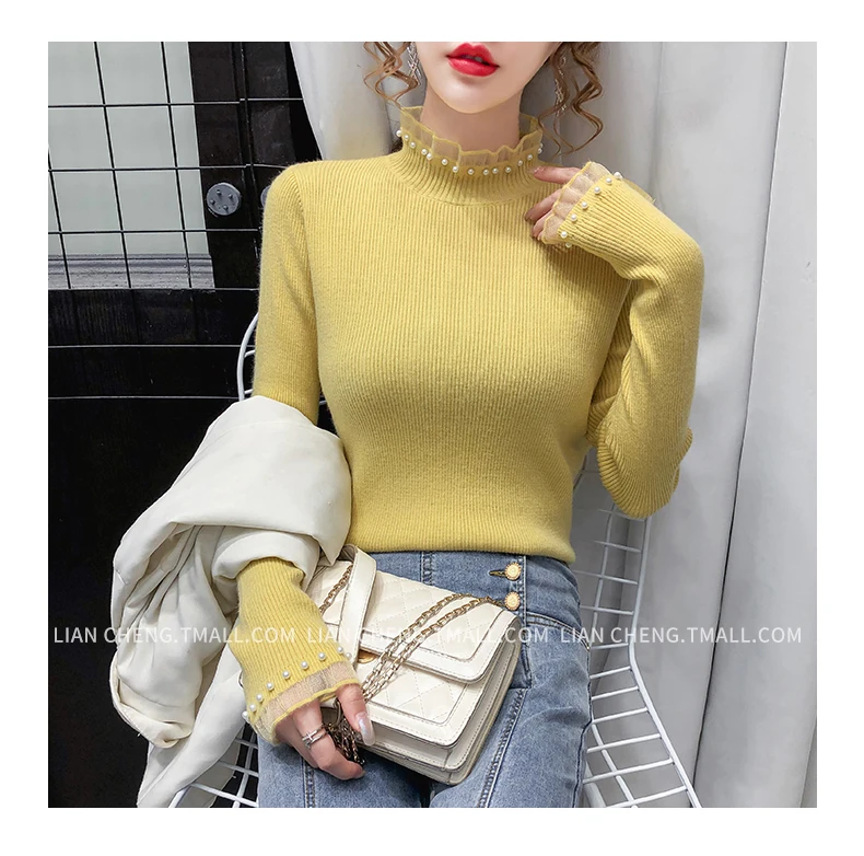 Half Neck Long Sleeves Knitting Shirts Lace Patchwork Tops Bottoming Clothes Women with Imitation Pearl
Half Neck Long Sleeves Knitting Shirts Lace Patchwork Tops Bottoming Clothes Women with Imitation Pearl