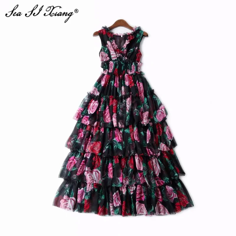 Seasixiang Fashion Designer Summer Chiffon Dress Women V-neck Floral Print Cascading Ruffle Elastic waist Vacation Long Dresses
Seasixiang Fashion Designer Summer Chiffon Dress Women V-neck Floral Print Cascading Ruffle Elastic waist Vacation Long Dresses