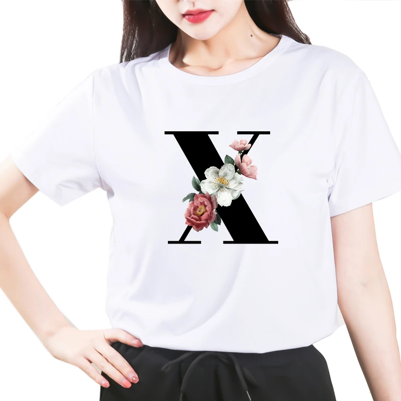 Custom name 26 letter combination women's High quality printing T-shirt Flower letter Font X Short sleeve Clothes
Custom name 26 letter combination women's High quality printing T-shirt Flower letter Font X Short sleeve Clothes