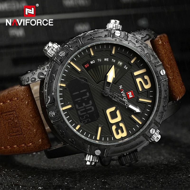 2021 NAVIFORCE Wrist Watches For Men Quartz Analog Led Digital Casual Sports Leather Big Clock Waterproof Dual Time Male Watches