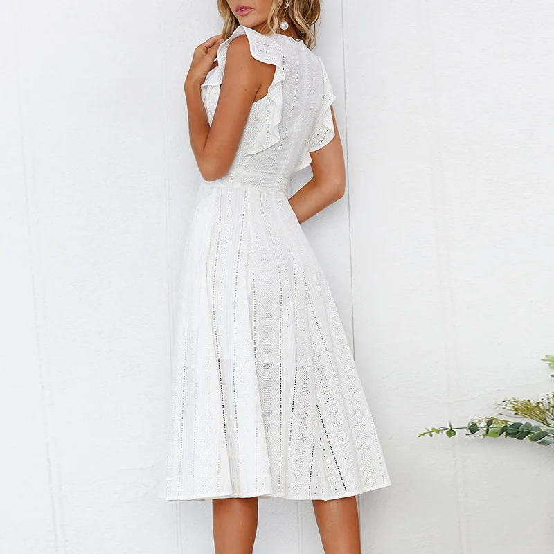 SEENIMOE Women Office Casual A-Line Midi Dress Female Summer White Blue Solid Lace Sleeveless Elegant Party | Женская одежда
