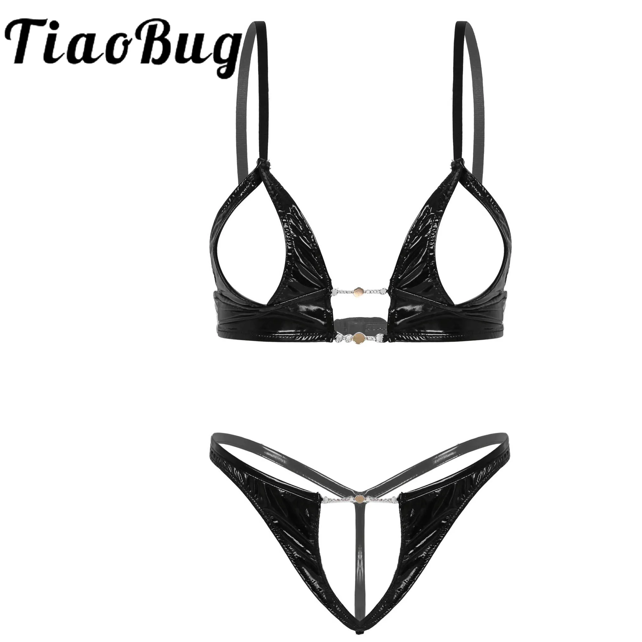 Womens Hot Sexy Crotchless Lingerie Bra Set with Metal Chain Decor Patent Leather Hollow Out Unlined Wireless Bra with Briefs
Womens Hot Sexy Crotchless Lingerie Bra Set with Metal Chain Decor Patent Leather Hollow Out Unlined Wireless Bra with Briefs