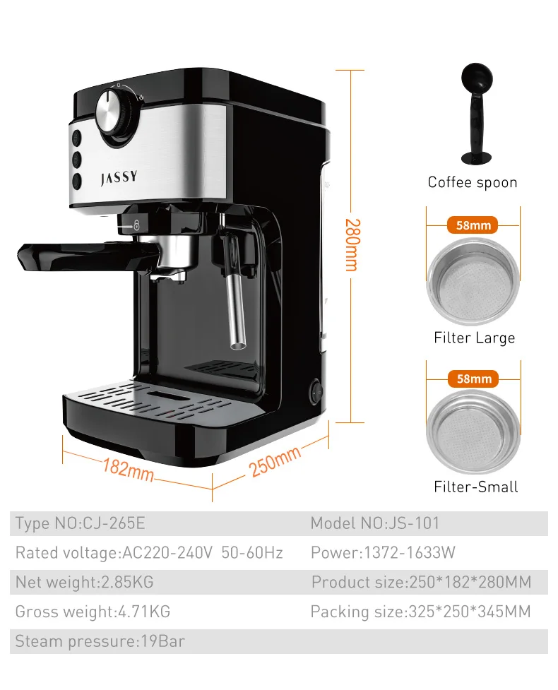 JASSY Espresso Coffee Machine 19 Bar Semi Automatic Cappuccino Maker with Steam Wand for Household Kitchen
JASSY Espresso Coffee Machine 19 Bar Semi Automatic Cappuccino Maker with Steam Wand for Household Kitchen