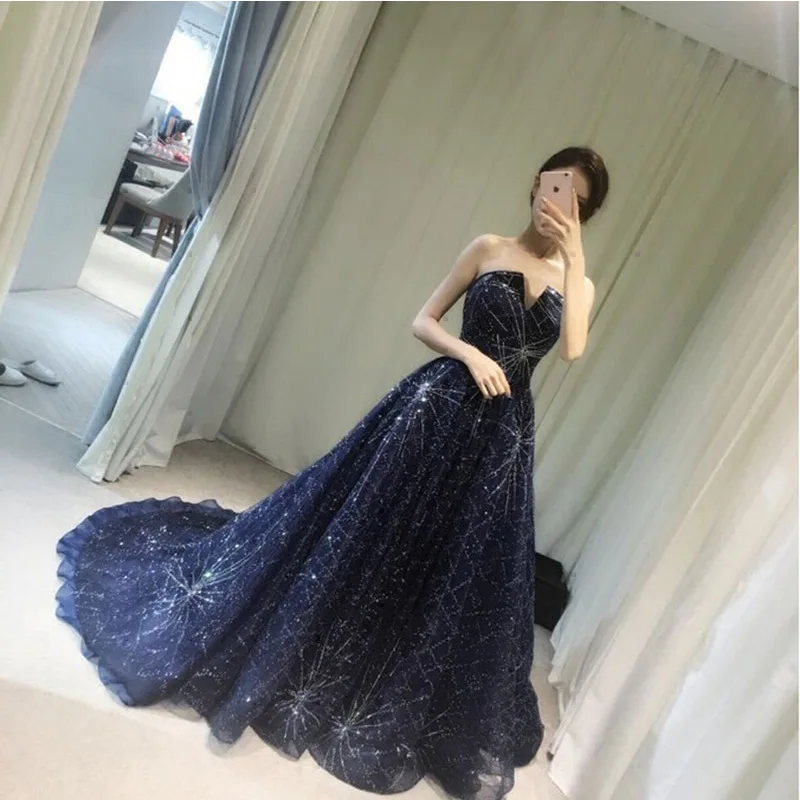 

Elegant Trailing Evening Dress Sexy Strapless Formal Party Dress Dreamy Starry Sky Dress Temperament Hostess Dress S-3XL