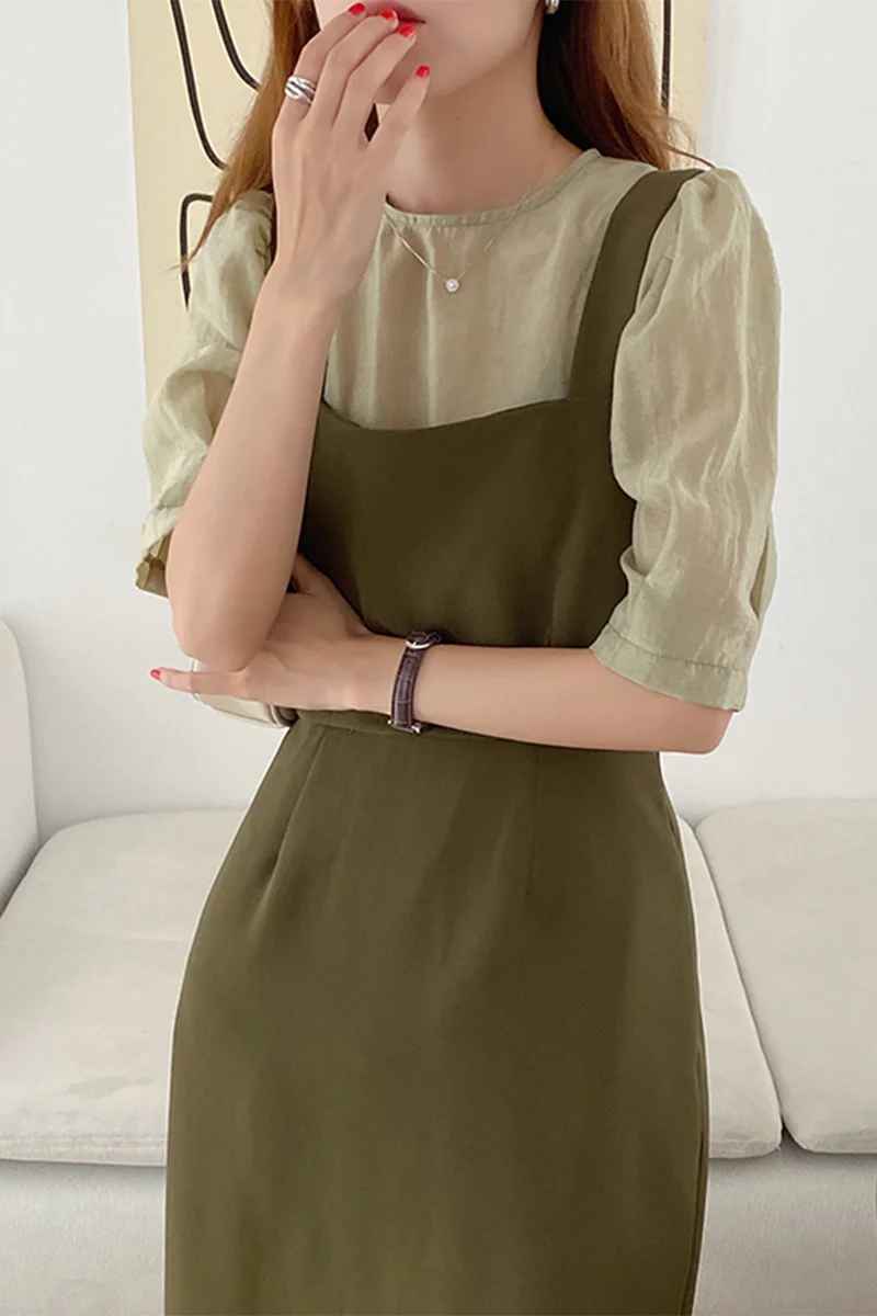 Summer New Style Retro Round Neck Micro-permeable Bubble Sleeve Shirt Waist Strap Dress | Женская одежда