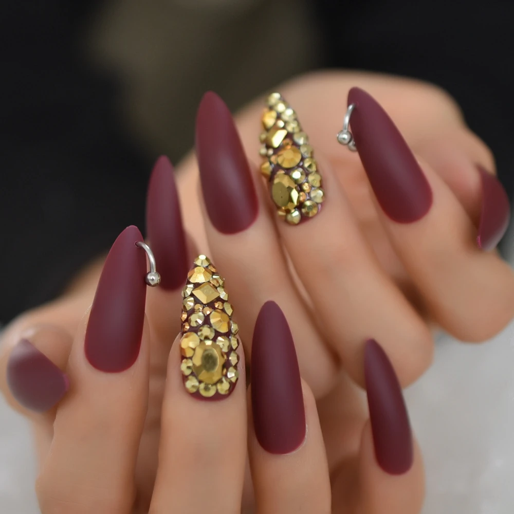 Matte Brown Nail Art Tips Gold Sharp Punk Sharp Stiletto False Nails Sets Rhinestone Full Cover Long Nails
Matte Brown Nail Art Tips Gold Sharp Punk Sharp Stiletto False Nails Sets Rhinestone Full Cover Long Nails