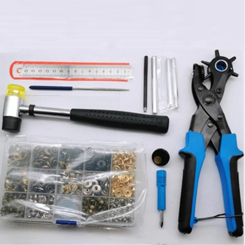Newest Revolving Hole Punch Set Adjustable Leather Punch Plier with Scale/Belt Hole Puncher Tool with 240 Rivets and 100 Snaps
Newest Revolving Hole Punch Set Adjustable Leather Punch Plier with Scale/Belt Hole Puncher Tool with 240 Rivets and 100 Snaps