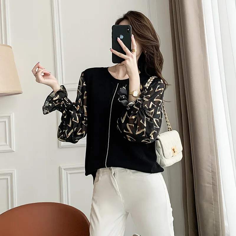 2021 Autumn New Women Knit Sweater Fashion Lantern Sleeve Hedging Stitching Thin Round Neck Print Ladies Chiffon Top Temperament
2021 Autumn New Women Knit Sweater Fashion Lantern Sleeve Hedging Stitching Thin Round Neck Print Ladies Chiffon Top Temperament