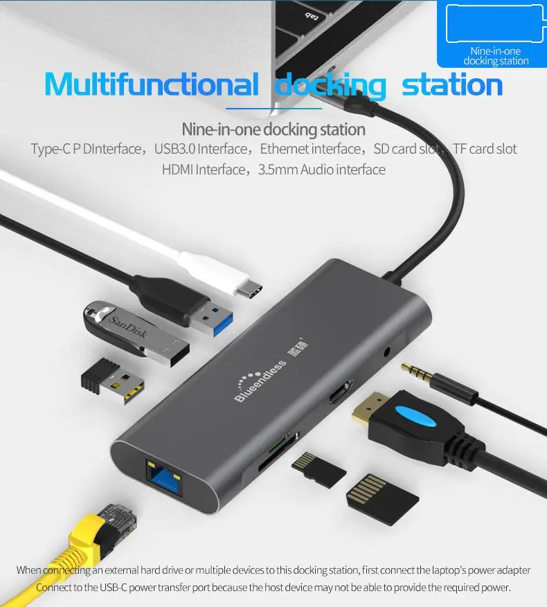 Док-станция 9-в-1 Blueendless с разъемом Type-c для порта HDMI Ethernet и адаптером PD MacBook Pro/Air/Huawei