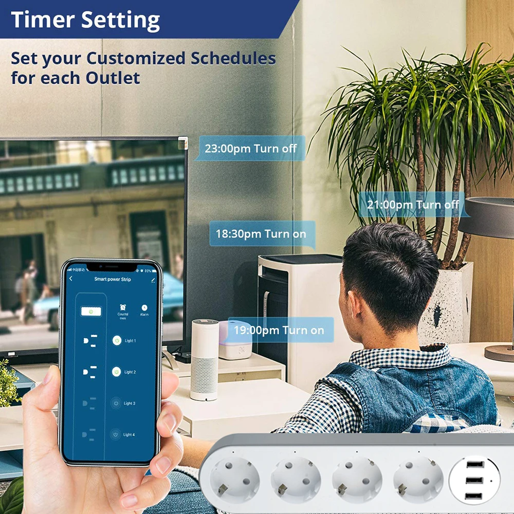 WiFi Smart Power Strip Socket Voice Control Timer Switch Power Strip Outlet with 4 AC Outlets 3 USB Port for Alexa Google Home
WiFi Smart Power Strip Socket Voice Control Timer Switch Power Strip Outlet with 4 AC Outlets 3 USB Port for Alexa Google Home