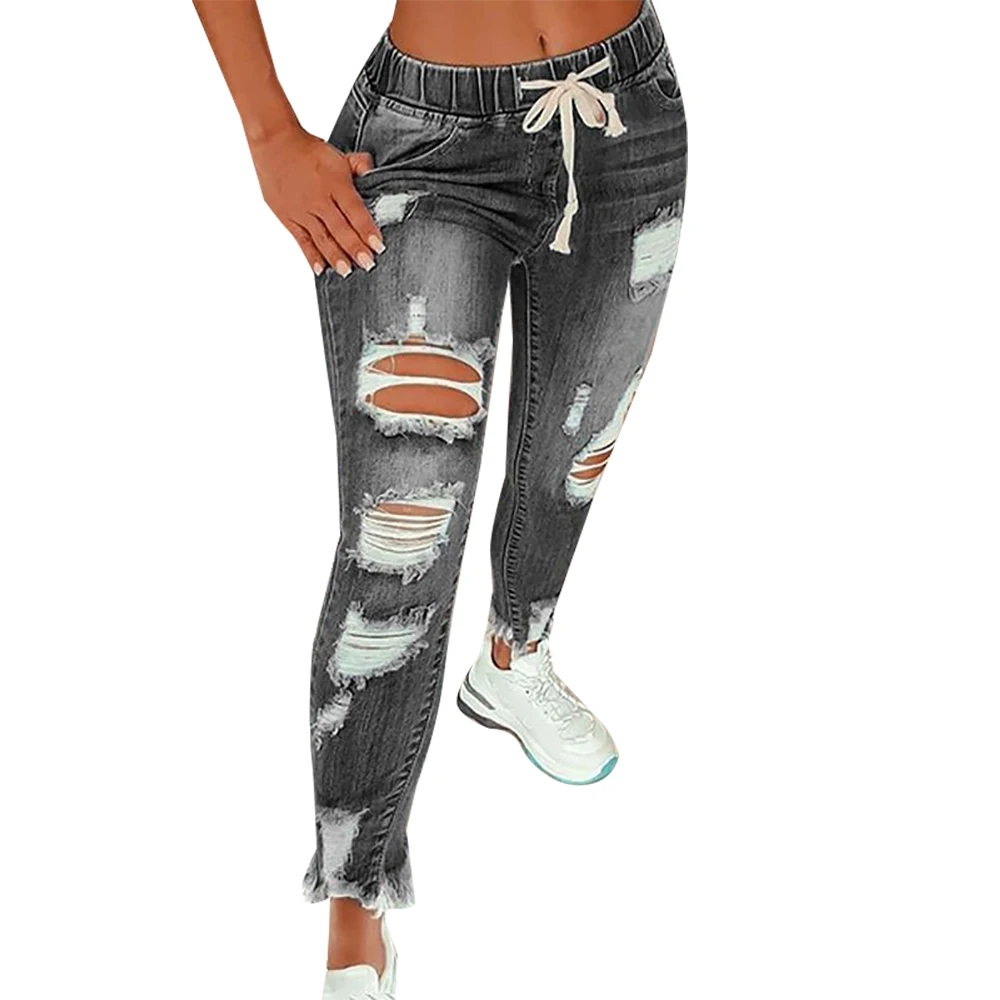 Ladies Elastic Waist Drawstring Jeans Ripped Slim Ladies Denim Casual Trousers Full Length Clothes for Women
Ladies Elastic Waist Drawstring Jeans Ripped Slim Ladies Denim Casual Trousers Full Length Clothes for Women
