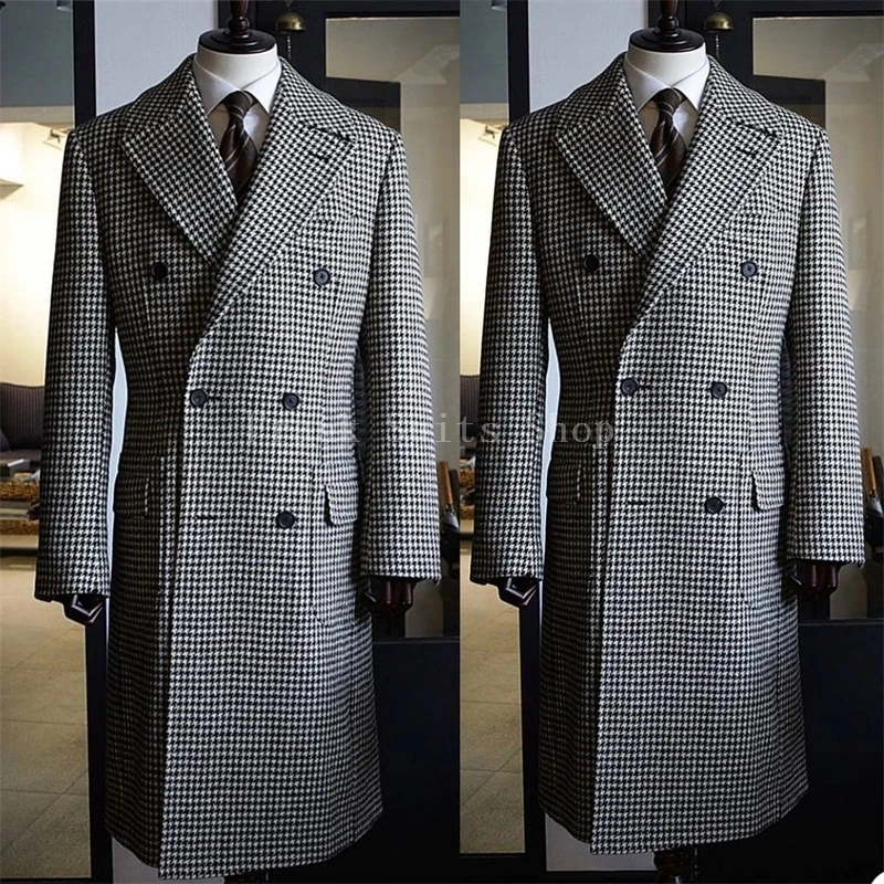 

Tweed Male Fashion Clothing Wool Blend Mens Suits For Wedding Blazer Custom Made Houndstooth Slim Fit Overcoat 2022 Long Jacket