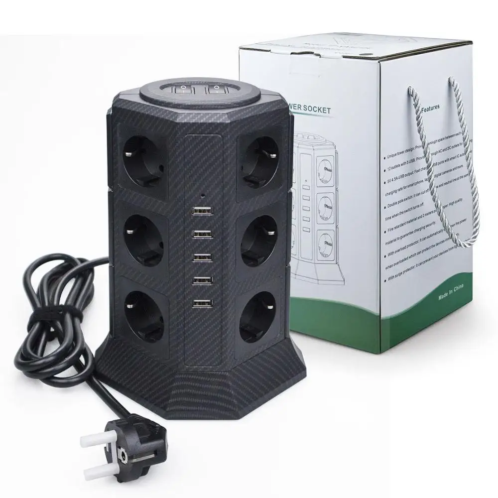TESSAN 12-Way Socket Strip мульти розетка Power и 5 USB-портов зарядки с кабелем 2 0 м защитой от