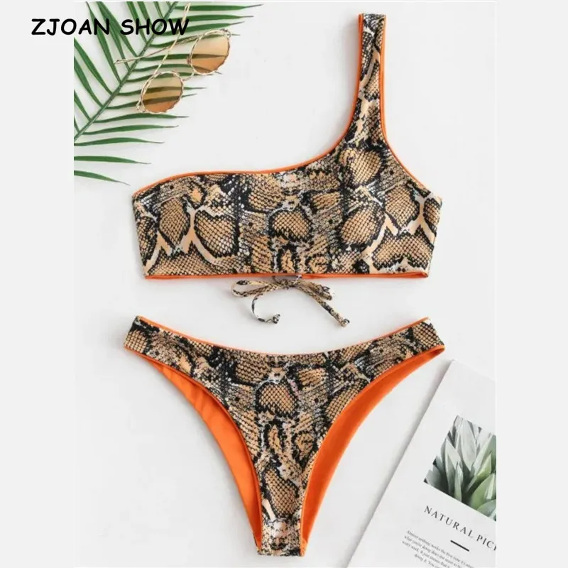 Beach Set Sexy Ladies Back Cross Lacing up Snake Print Bikini Padded Bra Swimwear Women Bathing Suit Swimsuit 2 pieces set | Женская