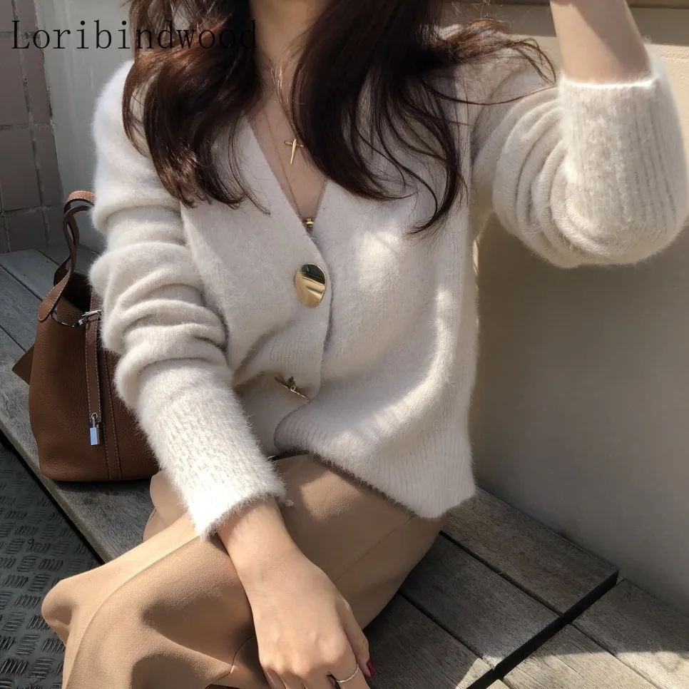 

2021 осенне-зимний Корейский вязаный женский свитер, кардиган из мохера, утепленная куртка с длинными рукавами, джемпер на одной пуговице