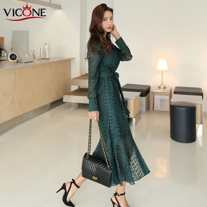 VICONE Women Autumn Long Sleeve Lace Dress Beach Vintage Maxi Patchwork Dresses Boho Casual Belt Robe Femme | Женская одежда