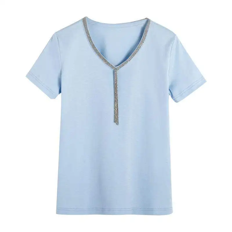 Brand Fashion Women's High-end Luxury Summer V-neck Cotton Chain Diamond Short-sleeved T-shirt Tees Top women
Brand Fashion Women's High-end Luxury Summer V-neck Cotton Chain Diamond Short-sleeved T-shirt Tees Top women