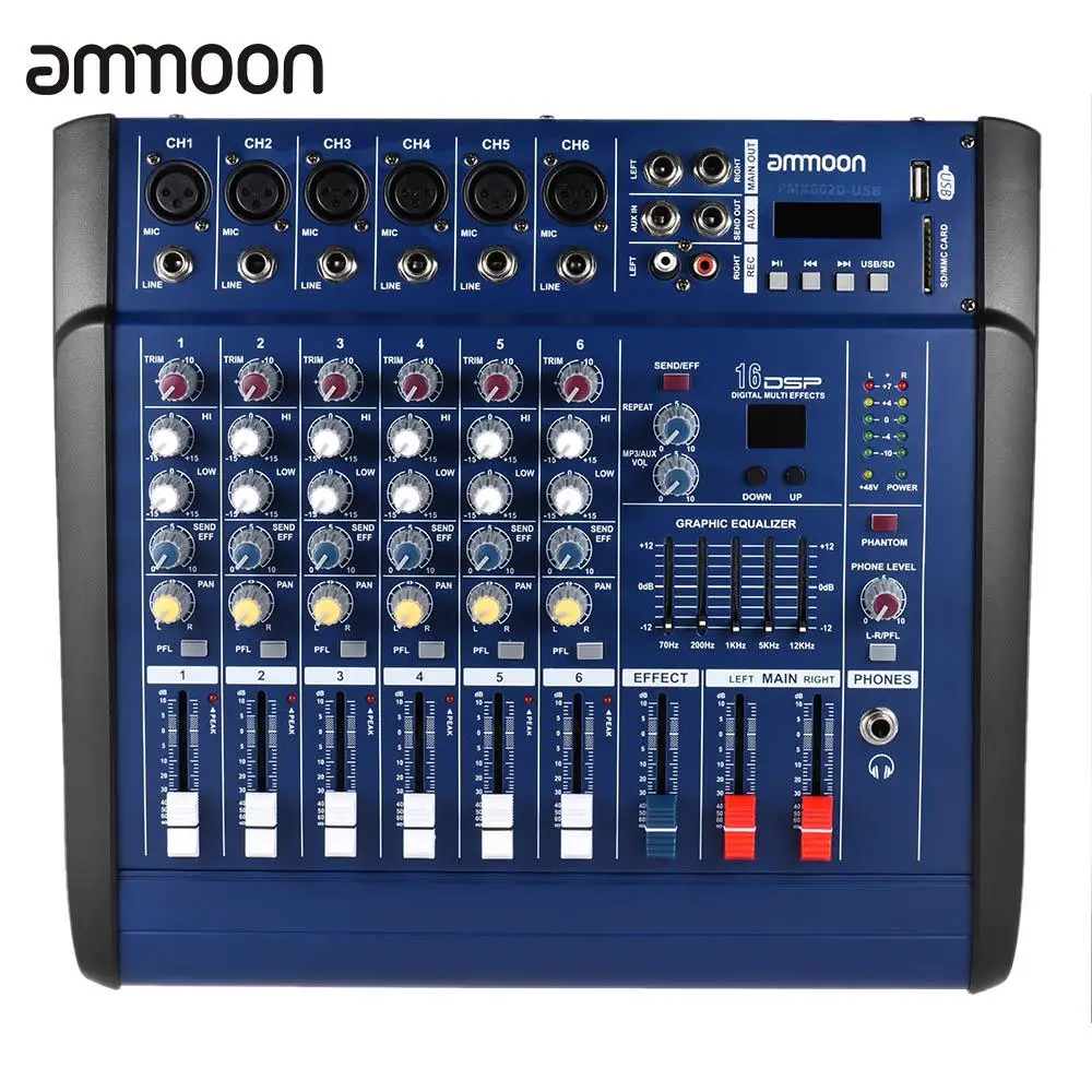 

ammoon 6 Channels Digital Mic Line Audio Mixing Console Power Mixer Amplifier with 48V Phantom Power USB/ SD Slot for DJ Stage