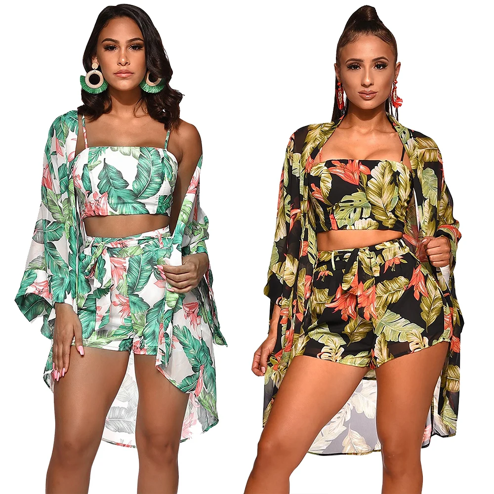 Women Leaf Print Beach Tracksuit Spaghetti Strap Crop Top Shorts With Cover Up Long Cloak 3pcs Set Beachwear Casual Playsuits
Women Leaf Print Beach Tracksuit Spaghetti Strap Crop Top Shorts With Cover Up Long Cloak 3pcs Set Beachwear Casual Playsuits