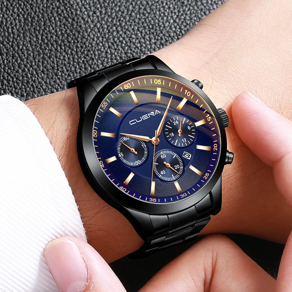 

CUENA Men Watches Relogio Masculino Men'S Business Steel Belt Watch Three Eyes Blue Six-Piece Calendar Quartz Wrist Watch