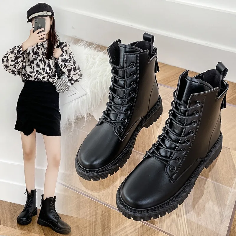 Autumn And Winter Full Cowhide Skirt-buckle Bootie Women's Four Seasons Joker Tide British Style Zipper Thick Heel Lace-up Marti
Autumn And Winter Full Cowhide Skirt-buckle Bootie Women's Four Seasons Joker Tide British Style Zipper Thick Heel Lace-up Marti