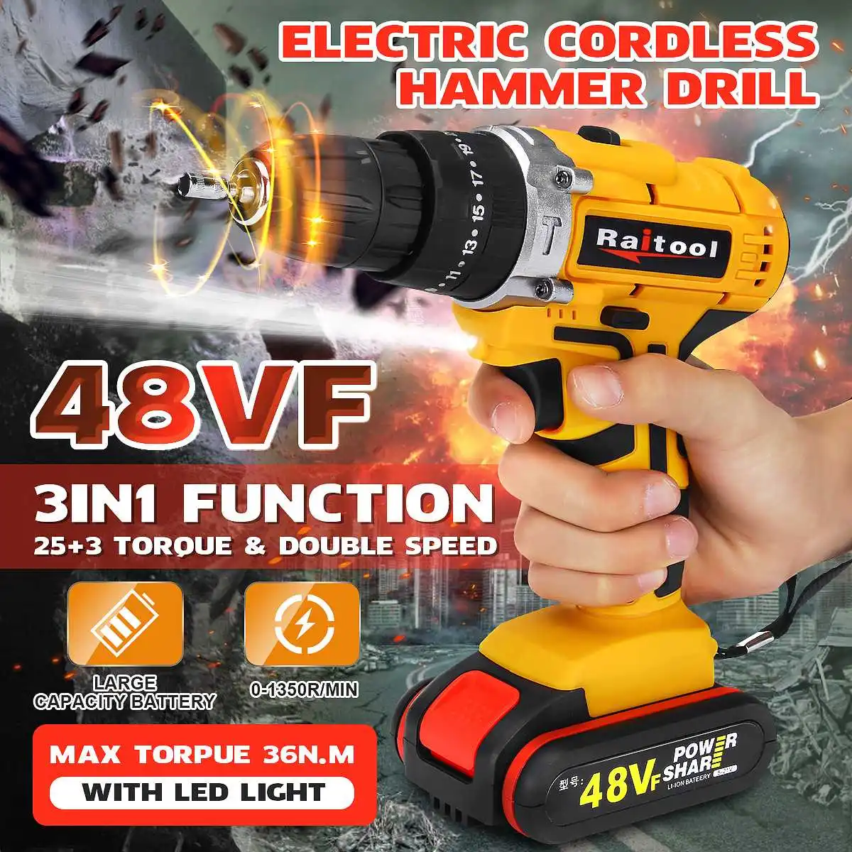 2 Speed 3 in 1 Electric Drill 48V Lithium Battery Cordless Electric Hand Drill Power Rechargeable Tools Screwdriver Power Driver
2 Speed 3 in 1 Electric Drill 48V Lithium Battery Cordless Electric Hand Drill Power Rechargeable Tools Screwdriver Power Driver