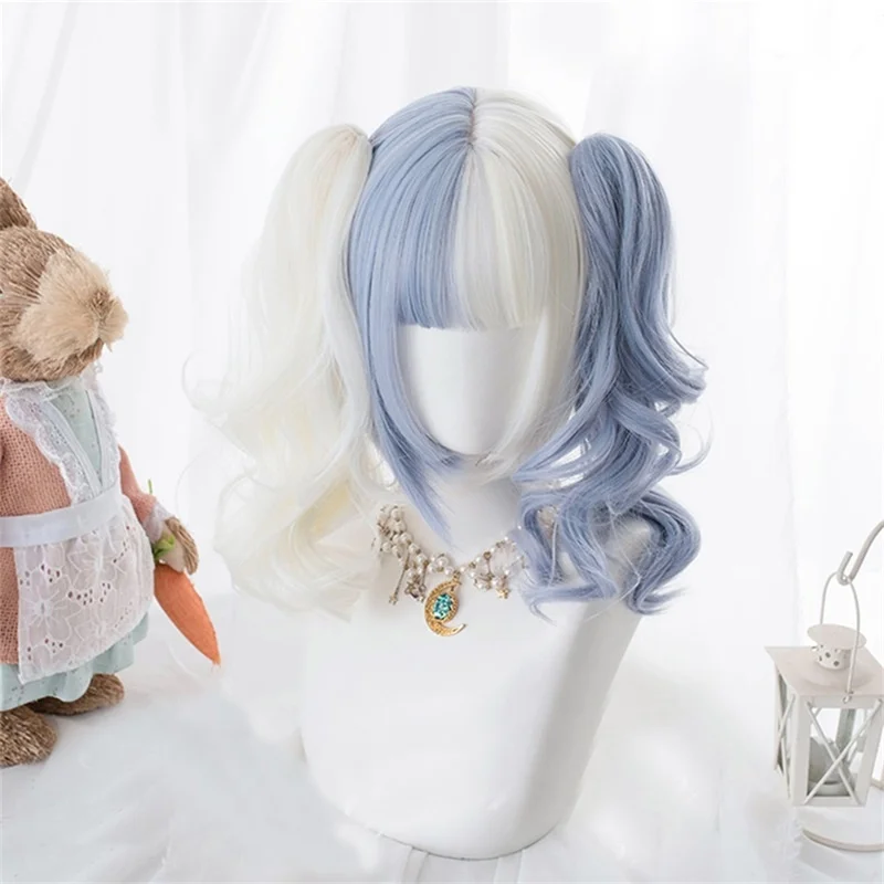 

CosplayMix Lolita Ponytails Blue White Ombre Long Straight Bangs Cute Bob Synthetic Hair Cosplay Wig