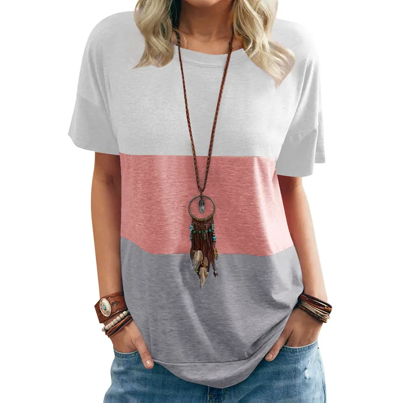 2021 women's new spring and summer color matching round neck loose bat short-sleeved pocket three-color T-shirt
2021 women's new spring and summer color matching round neck loose bat short-sleeved pocket three-color T-shirt