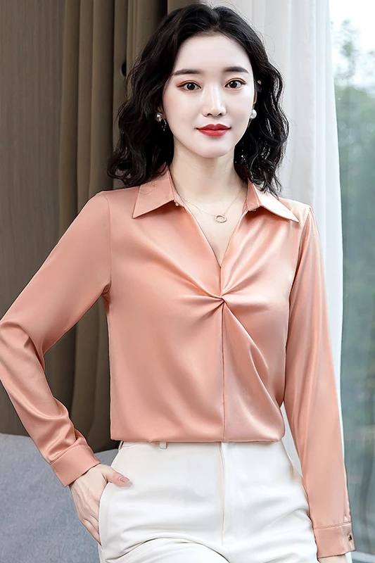 Silk Slim Women's Blouses New Casual Blouse Fashion Long Sleeve Top Solid V-Neck Pullover Spring/autumn Houthion 
Silk Slim Women's Blouses New Casual Blouse Fashion Long Sleeve Top Solid V-Neck Pullover Spring/autumn Houthion