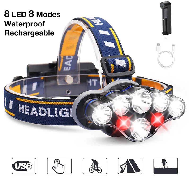 1300 Lumen 8 LED Headlight T6 Brightest Outdoor Head Flashlight 18650 Battery Powered Rechargeable Headlamp 8 Modes Head Lamp
1300 Lumen 8 LED Headlight T6 Brightest Outdoor Head Flashlight 18650 Battery Powered Rechargeable Headlamp 8 Modes Head Lamp
