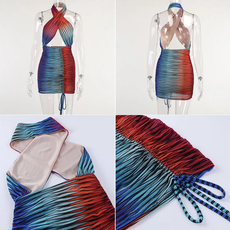 Halter Drawstring Ruched Bodycon Dress Women Sexy Backless Mini Dress Colorful Striped Boho Summer Dress
Halter Drawstring Ruched Bodycon Dress Women Sexy Backless Mini Dress Colorful Striped Boho Summer Dress