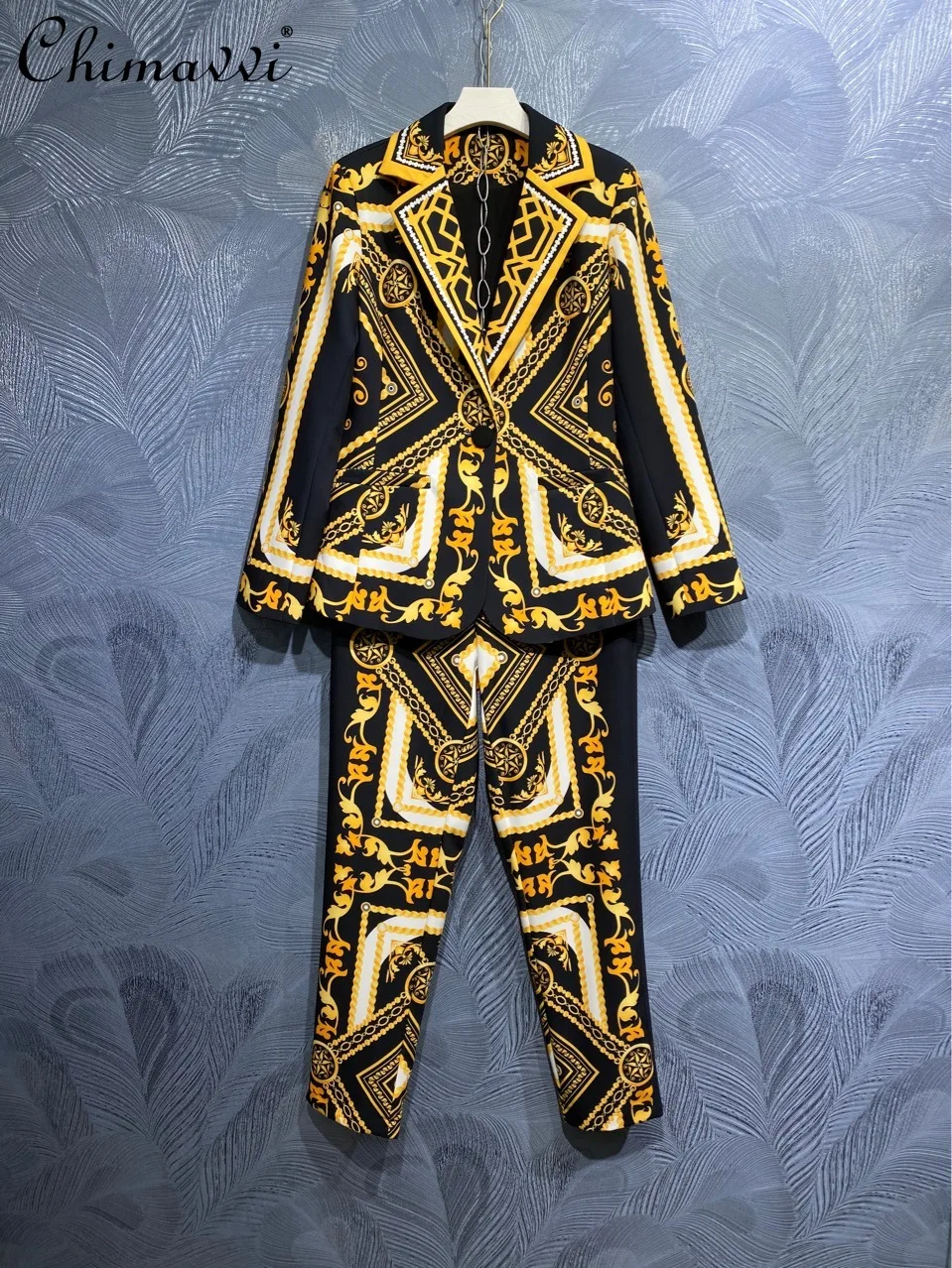Female Elegant Fashion New All-matching Slimmig Two Piece Set 2021 Autumn New Lapel Printed Suit Jacket with Yellow Trousers
Female Elegant Fashion New All-matching Slimmig Two Piece Set 2021 Autumn New Lapel Printed Suit Jacket with Yellow Trousers