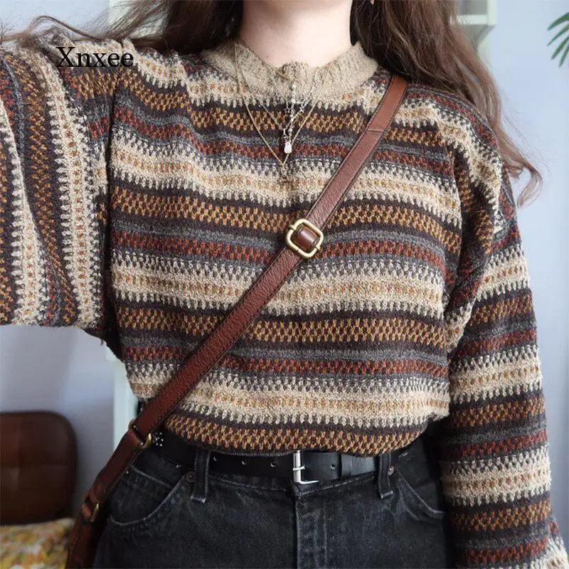Women Striped Color Sweater High Street Oversized Sweaters Vintage O-Neck Long Sleeve Knitwear Tops Pullovers Boho Clothes
Women Striped Color Sweater High Street Oversized Sweaters Vintage O-Neck Long Sleeve Knitwear Tops Pullovers Boho Clothes