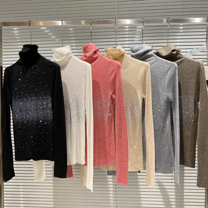 2021 autumn and winter new women's bottoming shirt rhinestone gradient color hot rhinestone stretch slim high neck sweater
2021 autumn and winter new women's bottoming shirt rhinestone gradient color hot rhinestone stretch slim high neck sweater