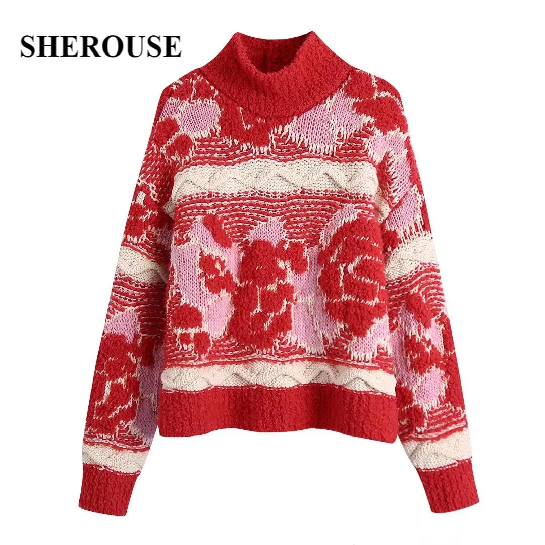Sherouse Women Fashion Jacquard Red Knit Sweater Long Sleeves High Neck Casual Woman Oversized Sweaters Pullover Winter
Sherouse Women Fashion Jacquard Red Knit Sweater Long Sleeves High Neck Casual Woman Oversized Sweaters Pullover Winter