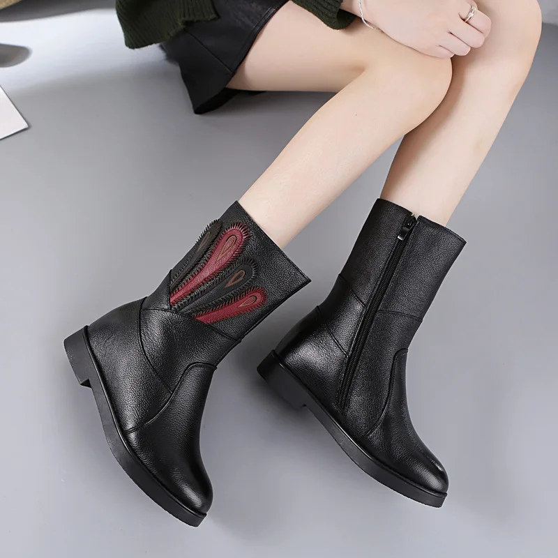 TIMETANG Genuine Leather Winter Warm Boots For Women Handmade Ankle Boots With Fur Retro Boots Women Solid Ladies Shoes